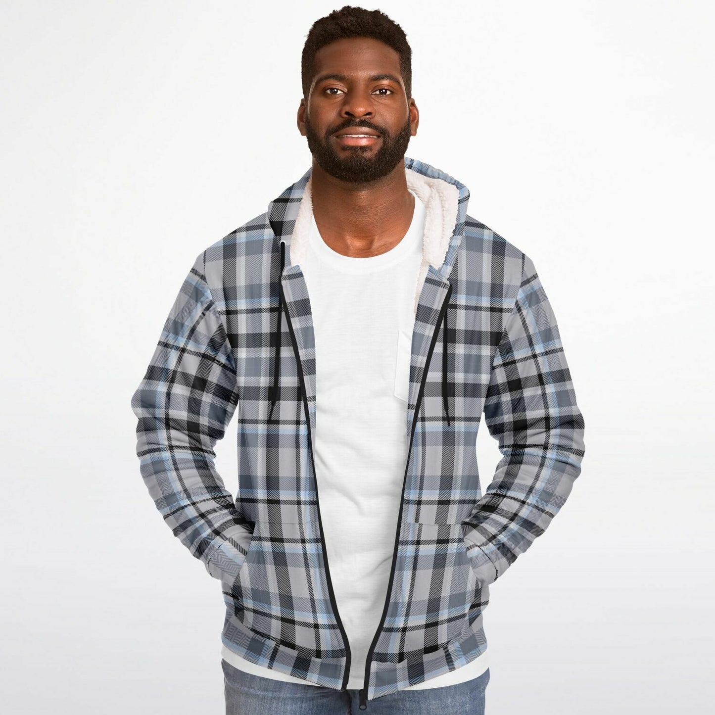 Microfleece Zip-Up Hoodie - Grey Plaid