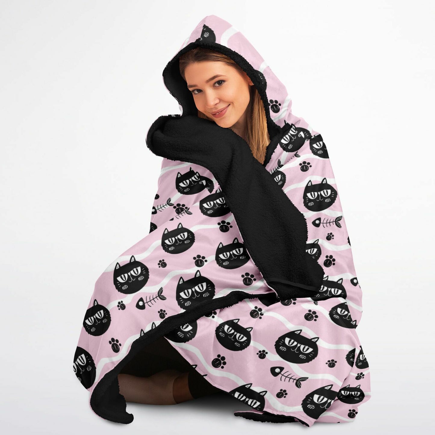 Microfleece-Lined Hooded Blanket - Cats & Fishbones