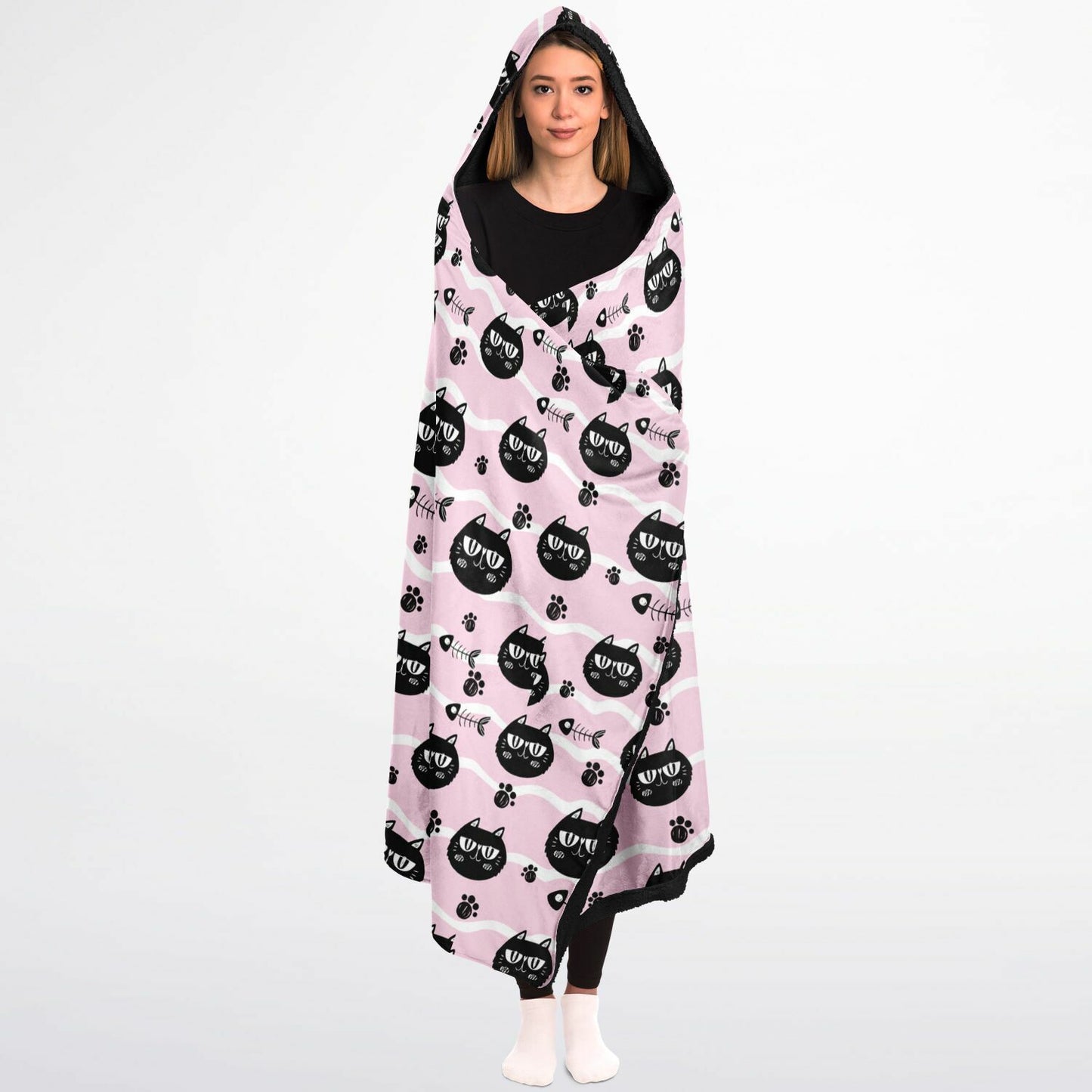 Microfleece-Lined Hooded Blanket - Cats & Fishbones