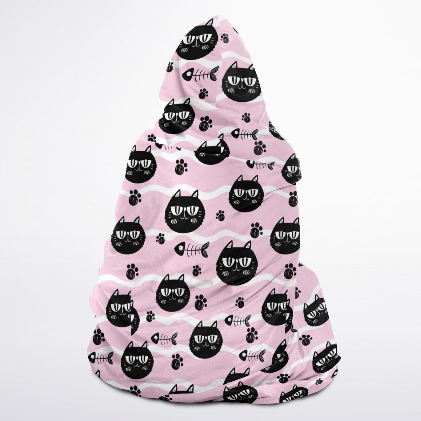 Microfleece-Lined Hooded Blanket - Cats & Fishbones