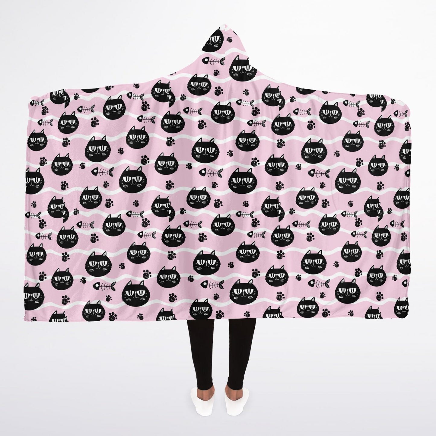 Microfleece-Lined Hooded Blanket - Cats & Fishbones