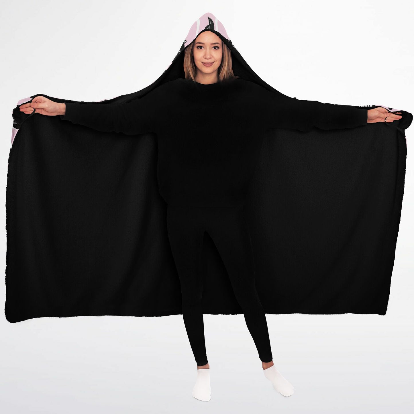Microfleece-Lined Hooded Blanket - Cats & Fishbones