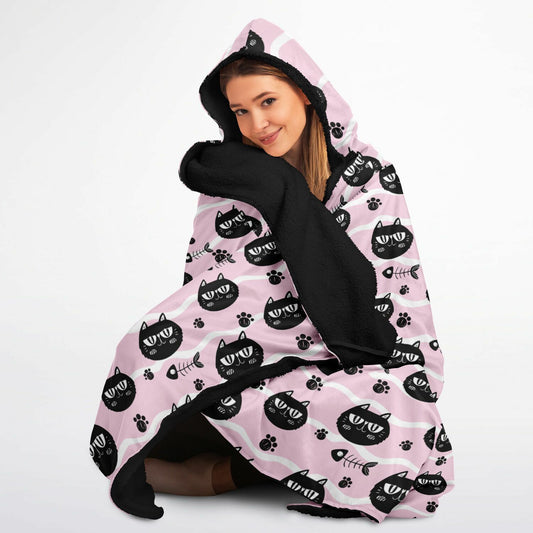 Microfleece-Lined Hooded Blanket - Cats & Fishbones