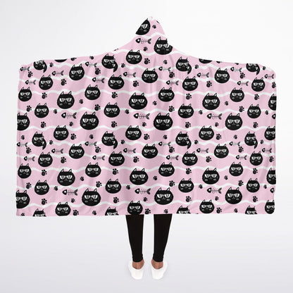 Microfleece-Lined Hooded Blanket - Cats & Fishbones