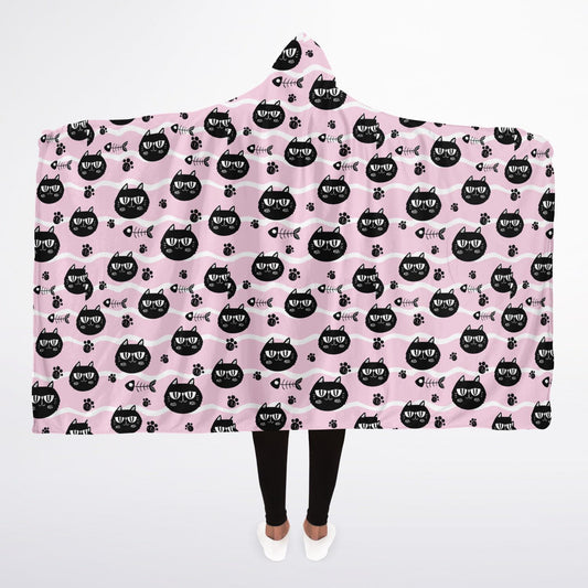 Microfleece-Lined Hooded Blanket - Cats & Fishbones