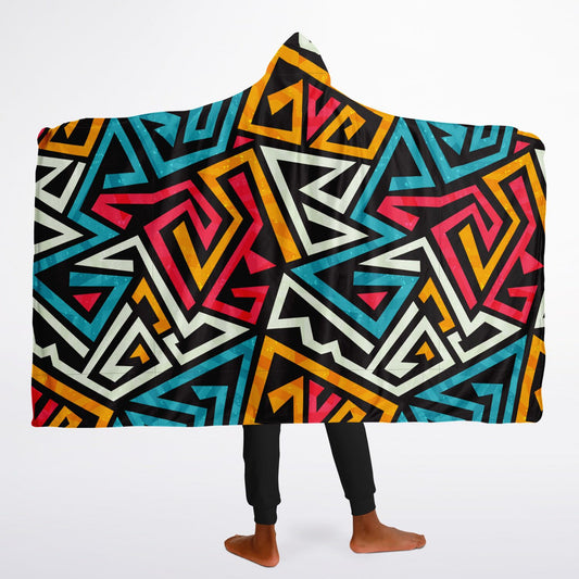 Microfleece-Lined Hooded Blanket - Geometric Pattern